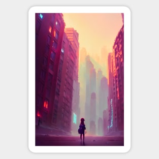 Cute Anime Girl in Streets Lofi Scenario Shadow Landscape Sticker